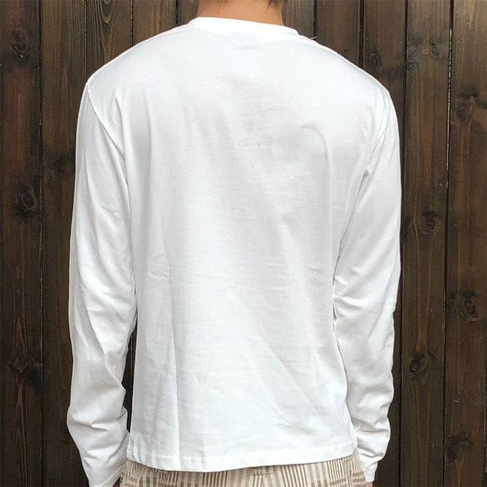 Back view of a model wearing a plain white long-sleeve crew-neck shirt