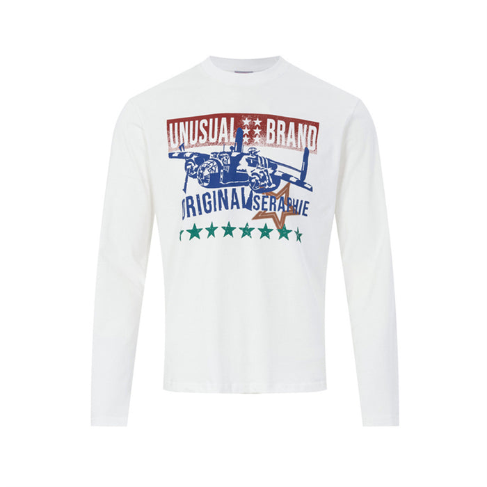 White long-sleeve crew-neck shirt with a colorful fighter jet graphic, lettering, and green stars