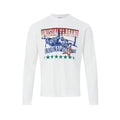 White long-sleeve crew-neck shirt with a colorful fighter jet graphic, lettering, and green stars