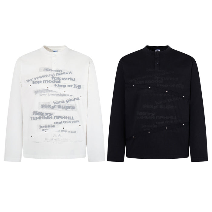 White and black long sleeve Henley shirts shown from the front with printed text and studded panel details