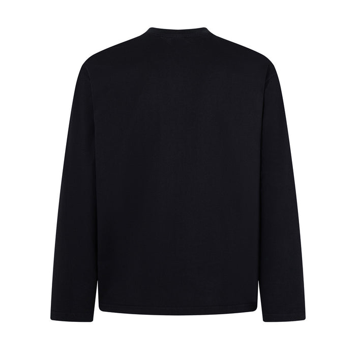 Black long sleeve Henley shirt shown from the back with a plain design and rounded hem