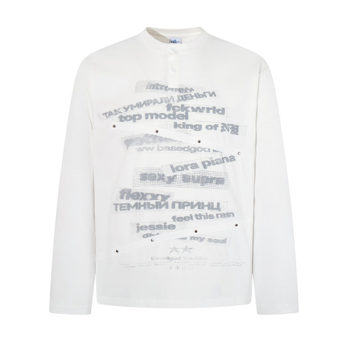 White long sleeve Henley shirt front with gray layered letter print and irregular studded panels
