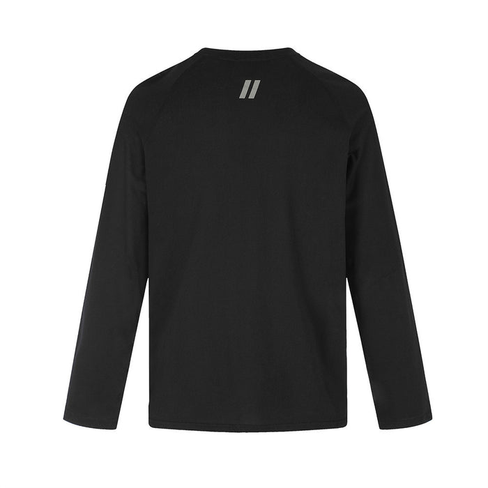 Black long-sleeve crew-neck T-shirt shown full length with a small gray two-bar graphic near the upper back