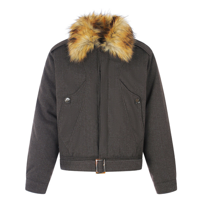 Men's Oversized Cotton Jacket with Detachable Faux Fur Collar