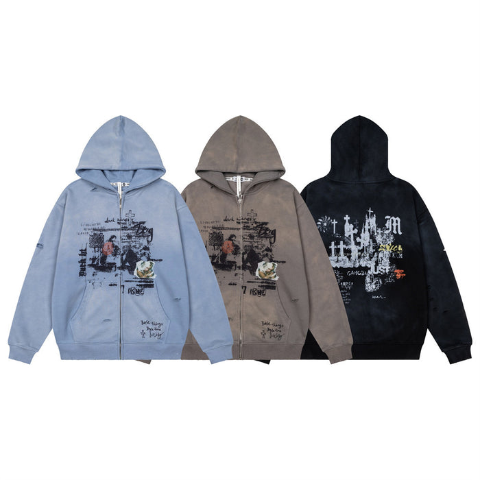 Men's oversized washed grunge graffiti zip-up hoodie with distressed holes in blue, grey, and black colorways