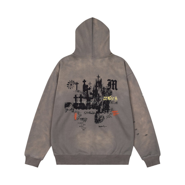 Back view of the washed taupe-gray hoodie showing the large black collage graphic and hood