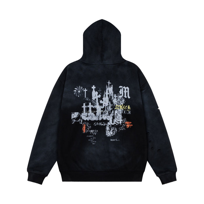 Back view of the black hoodie featuring a large white, yellow, and orange distressed graphic