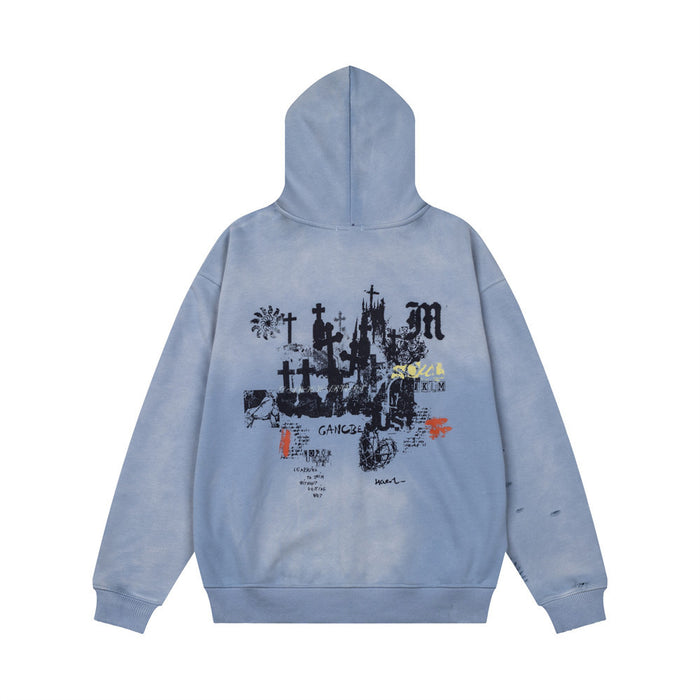 Back view of the washed light blue hoodie with a large multicolor distressed graphic and hood