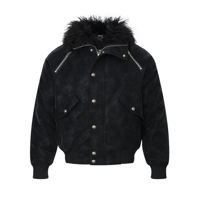 Men's black distressed PU suede bomber jacket with Mongolian lamb fur collar, silver concho snap buttons, and ribbed cuffs, s