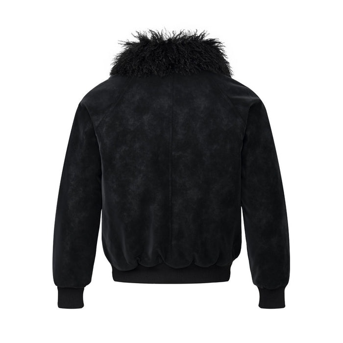 Men's Suede Bomber Jacket with Mongolian Fur Collar, Black Distressed PU Leather