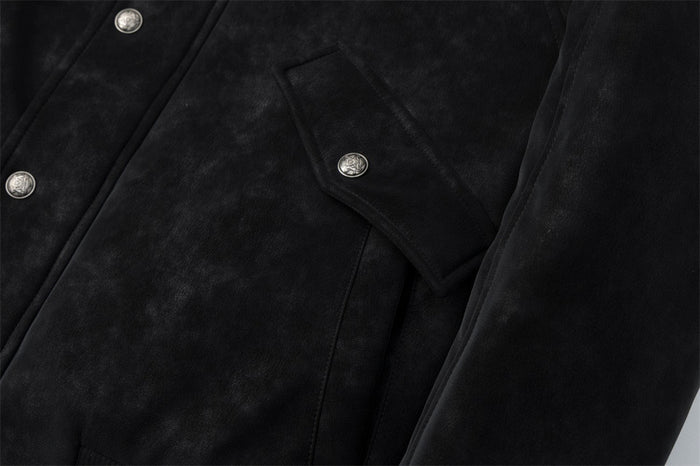 Men's Suede Bomber Jacket with Mongolian Fur Collar, Black Distressed PU Leather