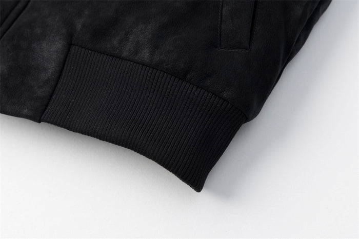 Men's Suede Bomber Jacket with Mongolian Fur Collar, Black Distressed PU Leather