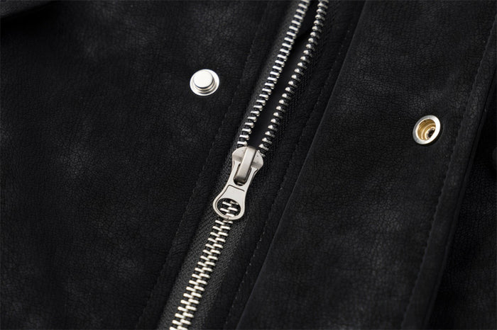 Men's Suede Bomber Jacket with Mongolian Fur Collar, Black Distressed PU Leather