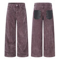 Men's wide-leg dusty purple corduroy pants with black PU leather stud back pocket, front and back view