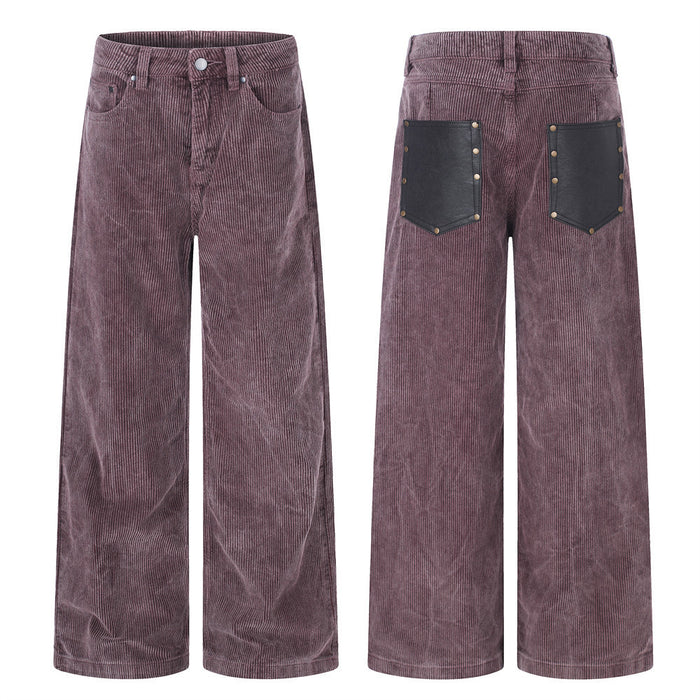 Men's wide-leg dusty purple corduroy pants with black PU leather stud back pocket, front and back view