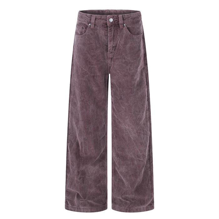 Front view of mauve wide-leg corduroy pants with five-pocket styling and straight hems