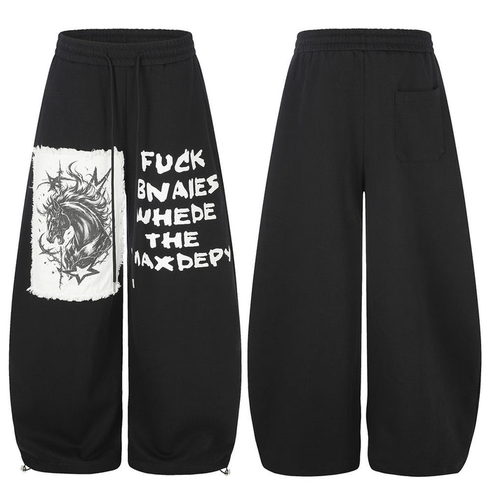 Men's Wide-Leg Graphic Sweatpants – Unicorn Patch & Slogan Print in Black