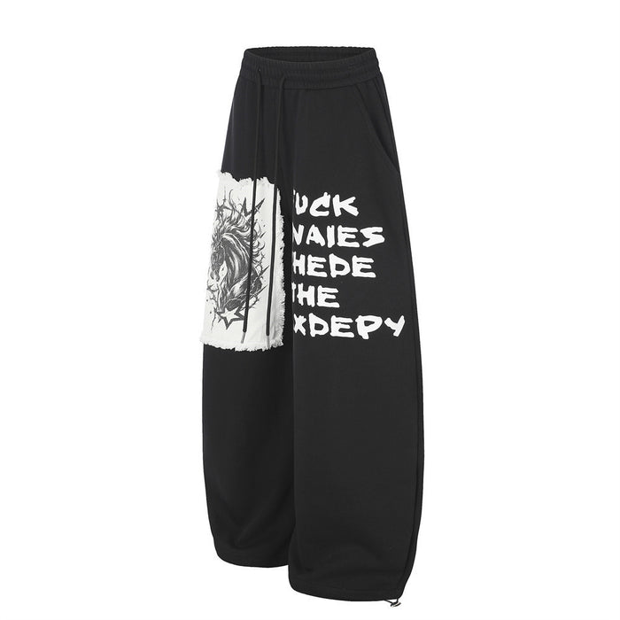 Men's Wide-Leg Graphic Sweatpants – Unicorn Patch & Slogan Print in Black
