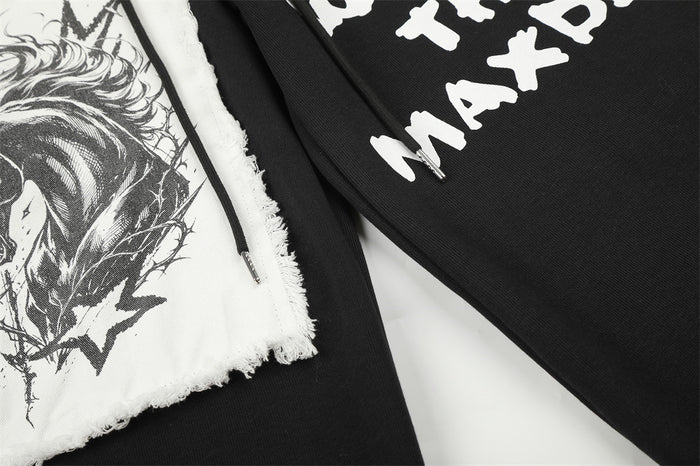 Men's Wide-Leg Graphic Sweatpants – Unicorn Patch & Slogan Print in Black