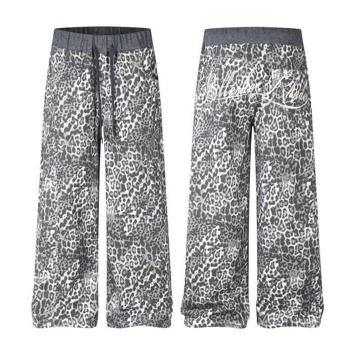 Men's wide-leg sweatpants in grey leopard print with contrast waistband and back script embroidery, front and back view