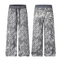 Men's wide-leg sweatpants in grey leopard print with contrast waistband and back script embroidery, front and back view