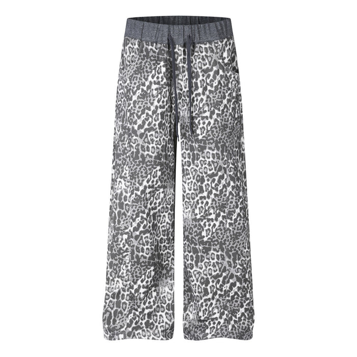 Front view of grey leopard-print wide-leg sweatpants with an elastic waistband