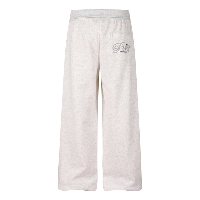 Light gray sweatpants back view with a small embroidered script logo above the right pocket