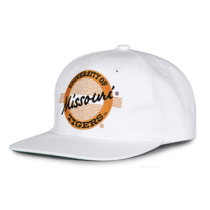 Missouri Retro Circle snapback hat in white, angled view