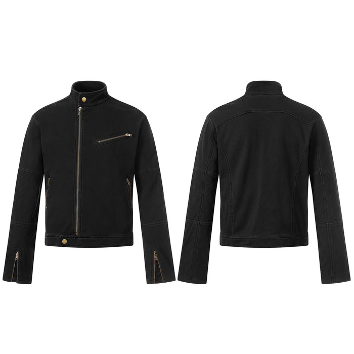 Black washed distressed moto zip jacket with gold hardware, stand collar, and quilted elbow panels – front and back view