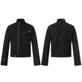 Black washed distressed moto zip jacket with gold hardware, stand collar, and quilted elbow panels – front and back view
