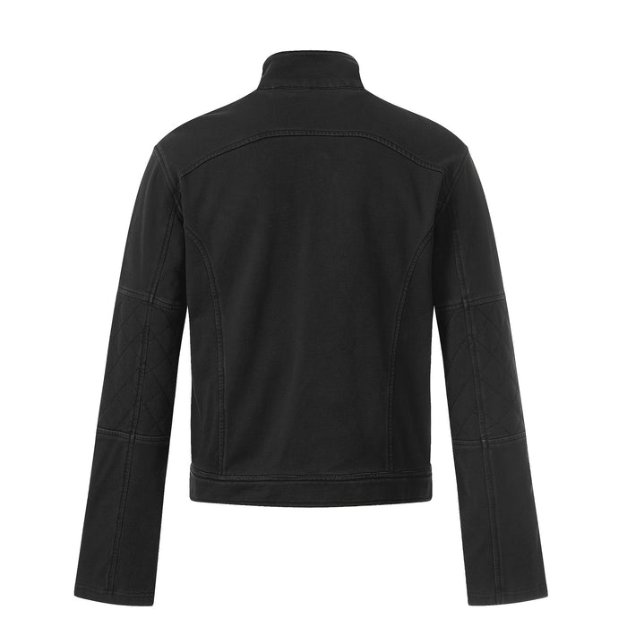 Back view of a black moto-style zip jacket with a stand collar, paneled sleeves, and stitched seams