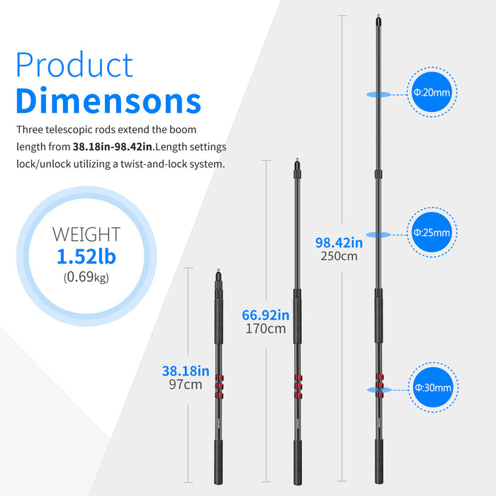 Product dimensions of the NEEWER NW-7000 Stretchable Handheld Microphone Boom Pole