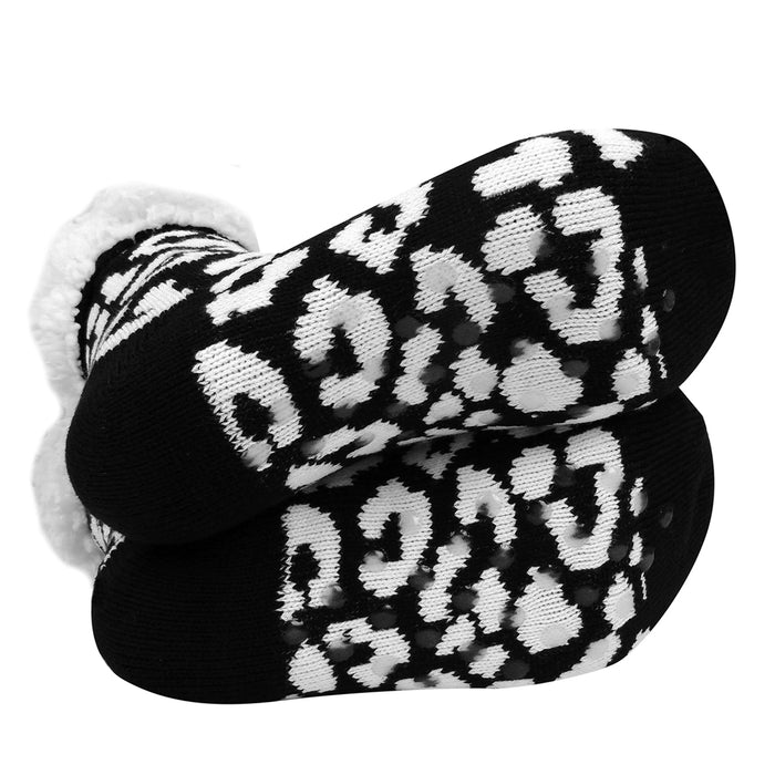 Non-Slip Sherpa Lined Socks - Black Leopard
