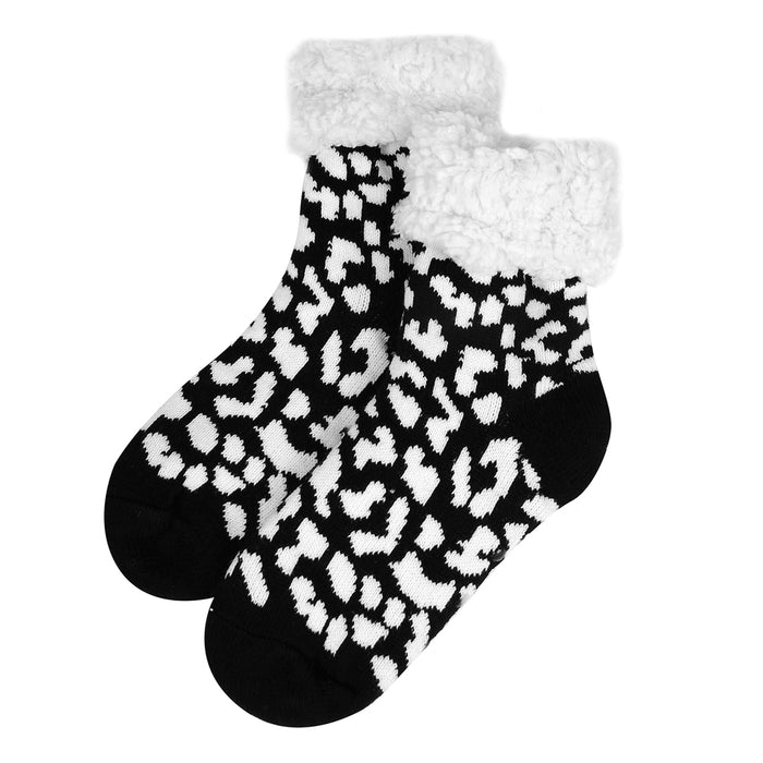Non-Slip Sherpa Lined Socks - Black Leopard