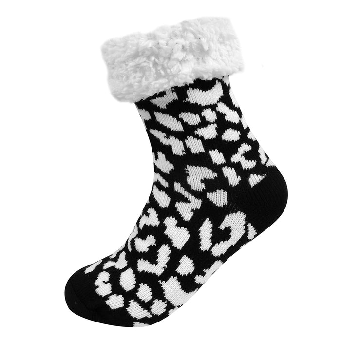 Non-Slip Sherpa Lined Socks - Black Leopard