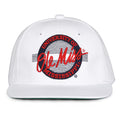 Ole Miss Retro Circle snapback hat in white, front view