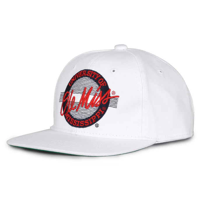 Ole Miss Retro Circle snapback hat in white, angled view