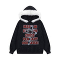 Oversized fur-trim hoodie with diamond cross graphic print in washed black, front view