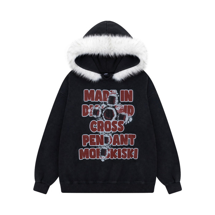 Oversized fur-trim hoodie with diamond cross graphic print in washed black, front view