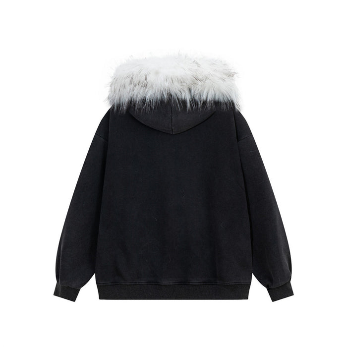 Back view of a black oversized hoodie with a white faux-fur-trimmed hood