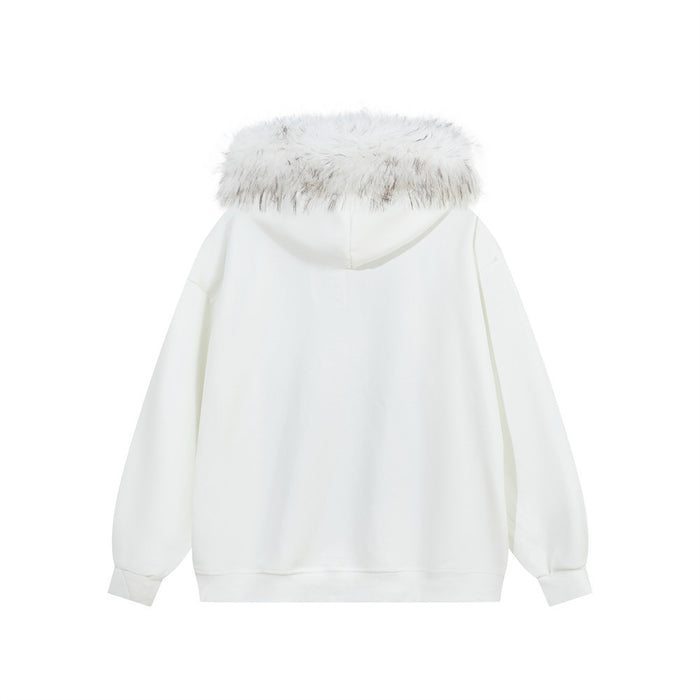 Back view of a white oversized hoodie with a white faux-fur-trimmed hood