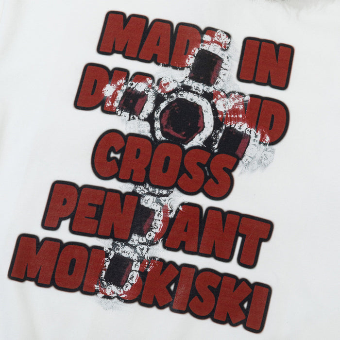 Close-up of the white hoodie front graphic with bold red lettering and a distressed black-and-white cross design