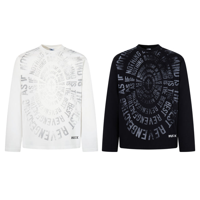White and black long sleeve crew neck shirts with contrasting spiral distressed text prints shown from the front