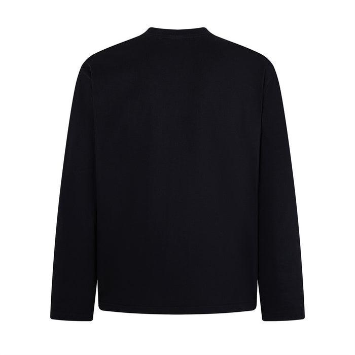 Back view of a plain black long sleeve crew neck shirt with a straight hem