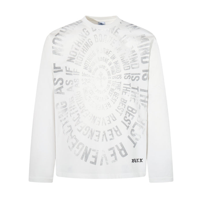 Front view of a white long sleeve crew neck shirt with a pale gray spiral distressed text graphic