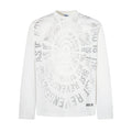 Front view of a white long sleeve crew neck shirt with a pale gray spiral distressed text graphic
