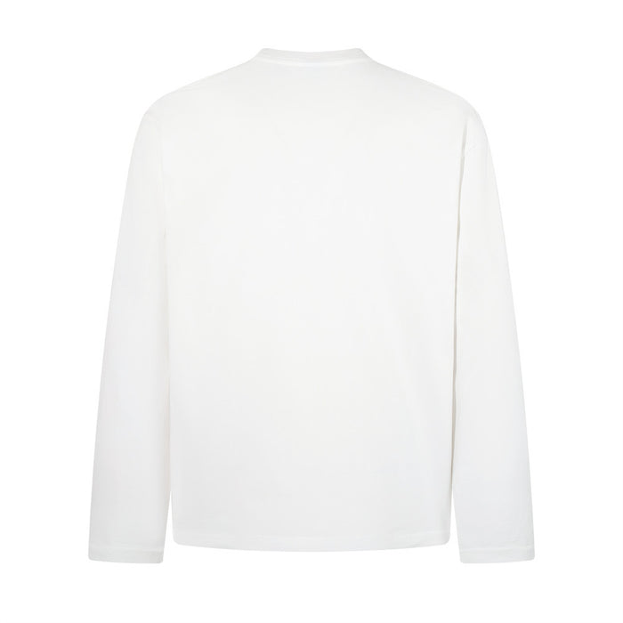 Back view of a plain white long sleeve crew neck shirt with a straight hem