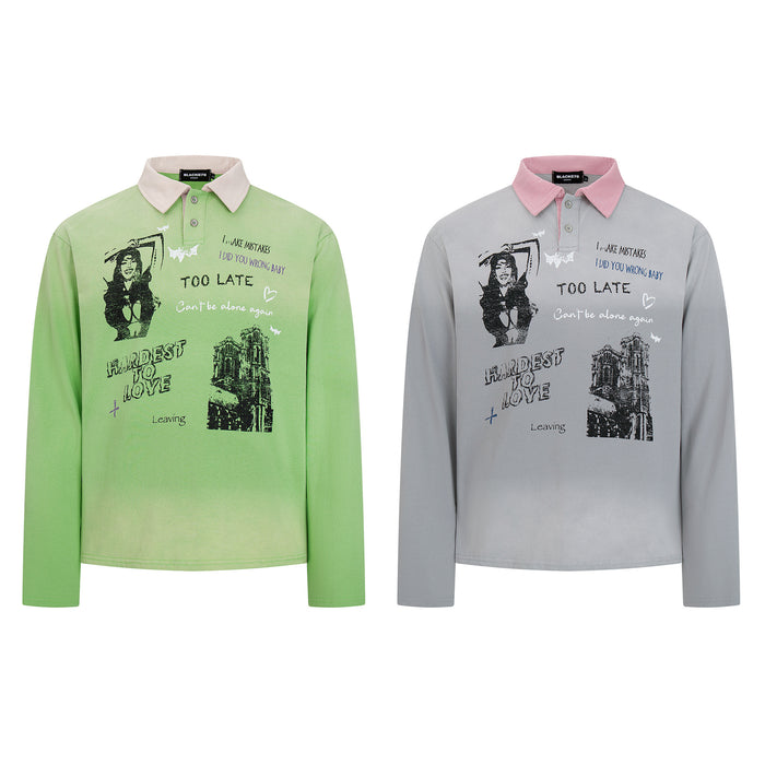 Front view of oversized long sleeve polo shirts in green and gray with contrasting collars and graphic prints