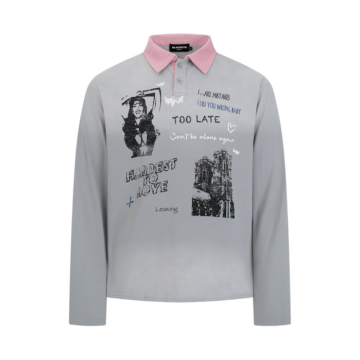Oversized washed graphic long sleeve polo shirt with contrast collar in washed grey and washed green colorways