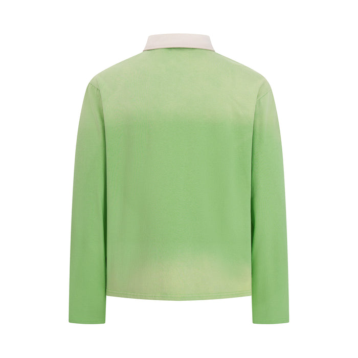 Back view of the green long sleeve polo shirt with a beige collar and plain finish